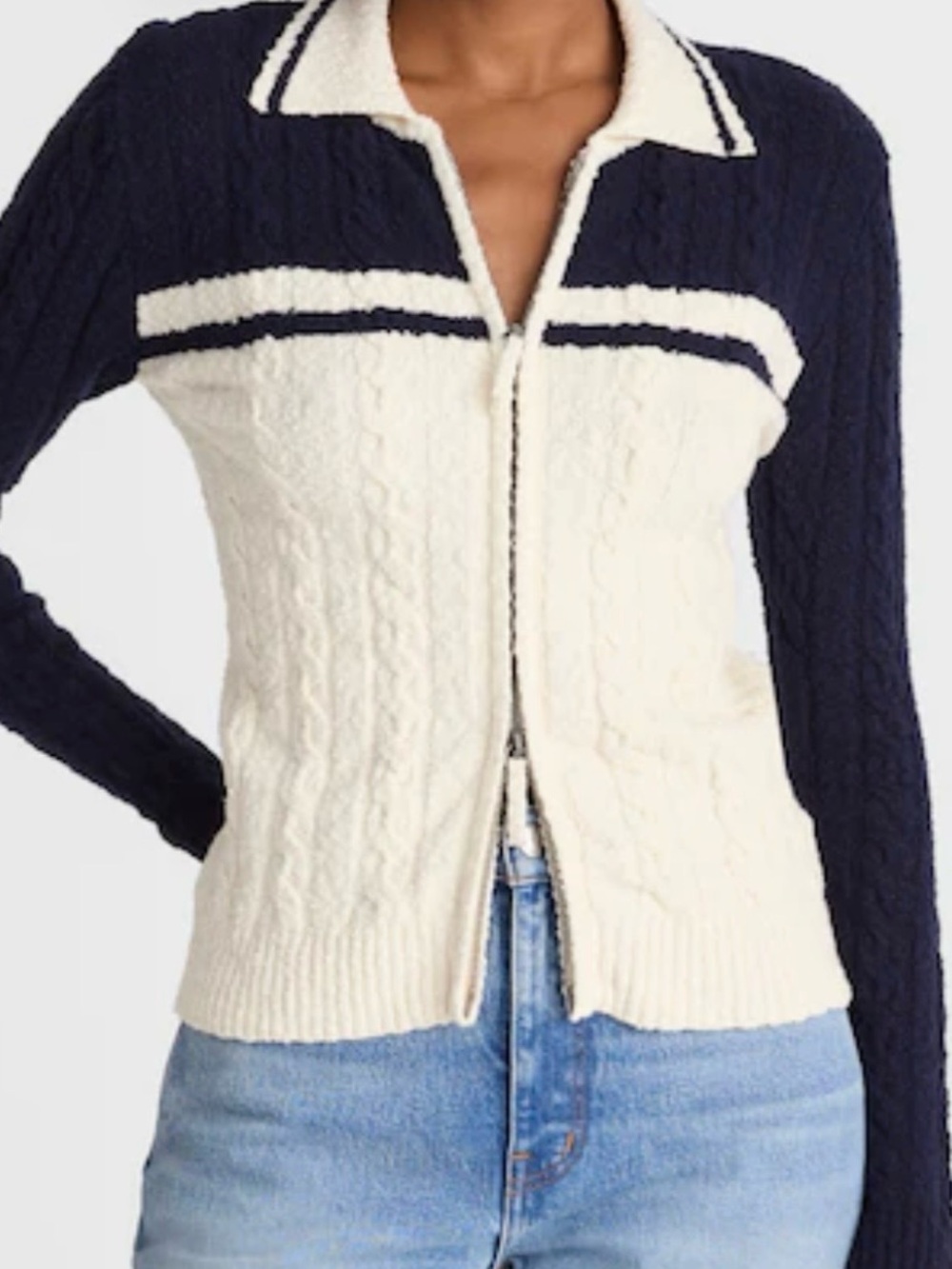 Madewell Navy and Cream Zip-Up Cable Knit Sweater